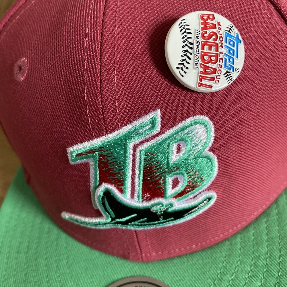 Topps Chrome Mitchell & Ness Tampa Bay Rays Pink Green Fitted 7 1/8 Hat Cap NEW! - Picture 2 of 8